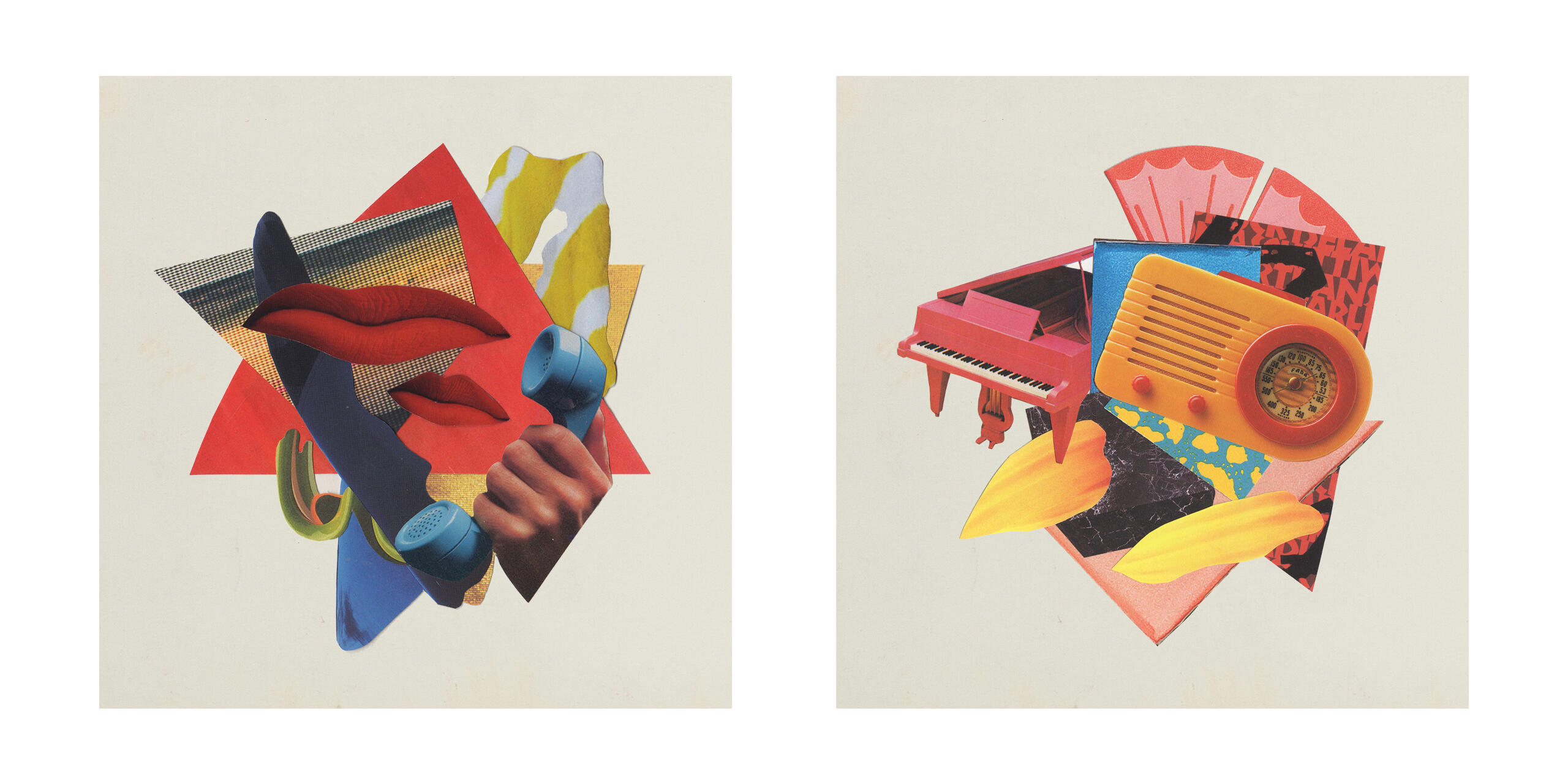 Colorful editorial paper collage illustrations featuring imagery relevant to a radio station pledge drive