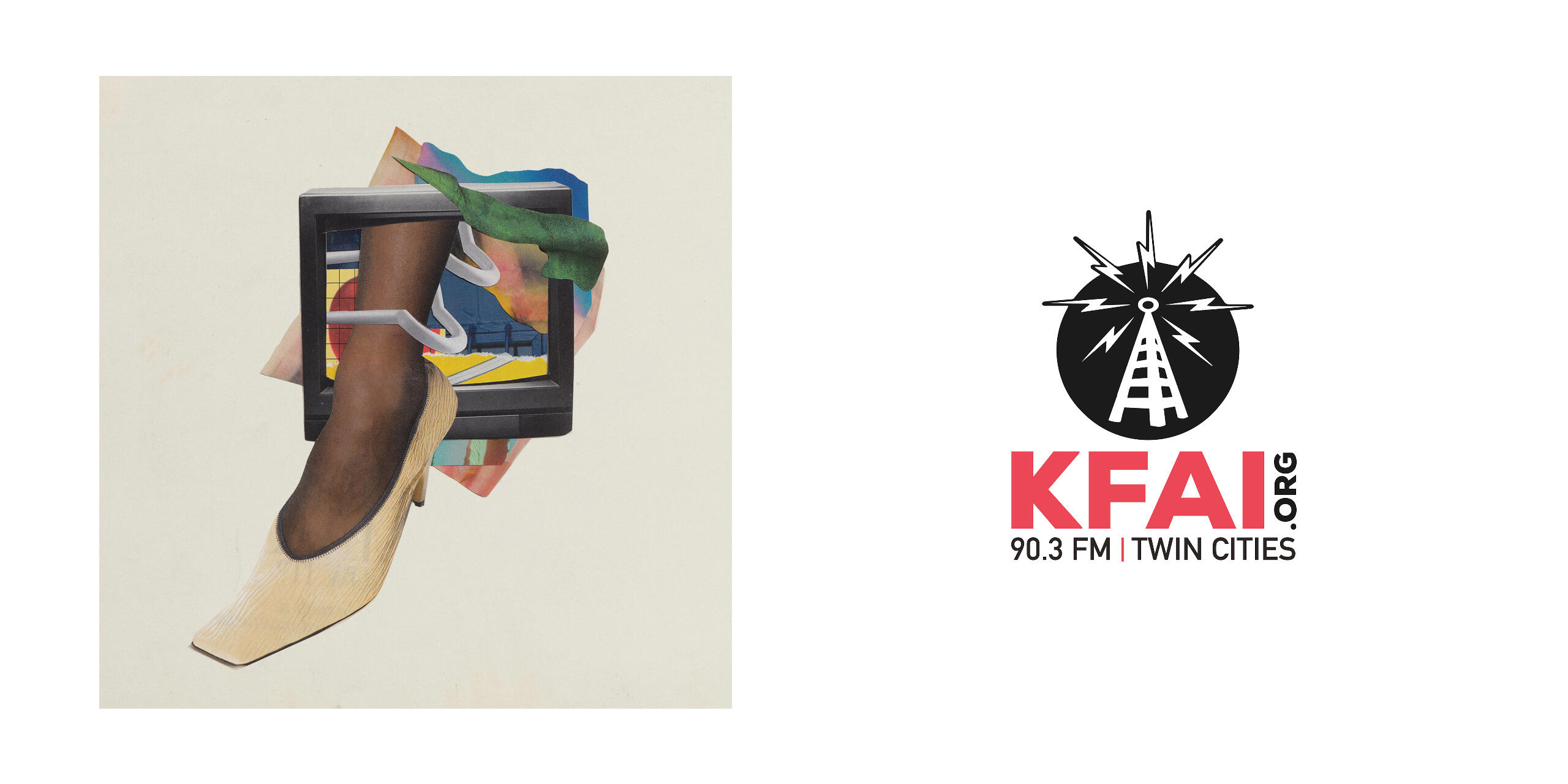 Colorful editorial paper collage illustrations featuring imagery relevant to a radio station pledge drive