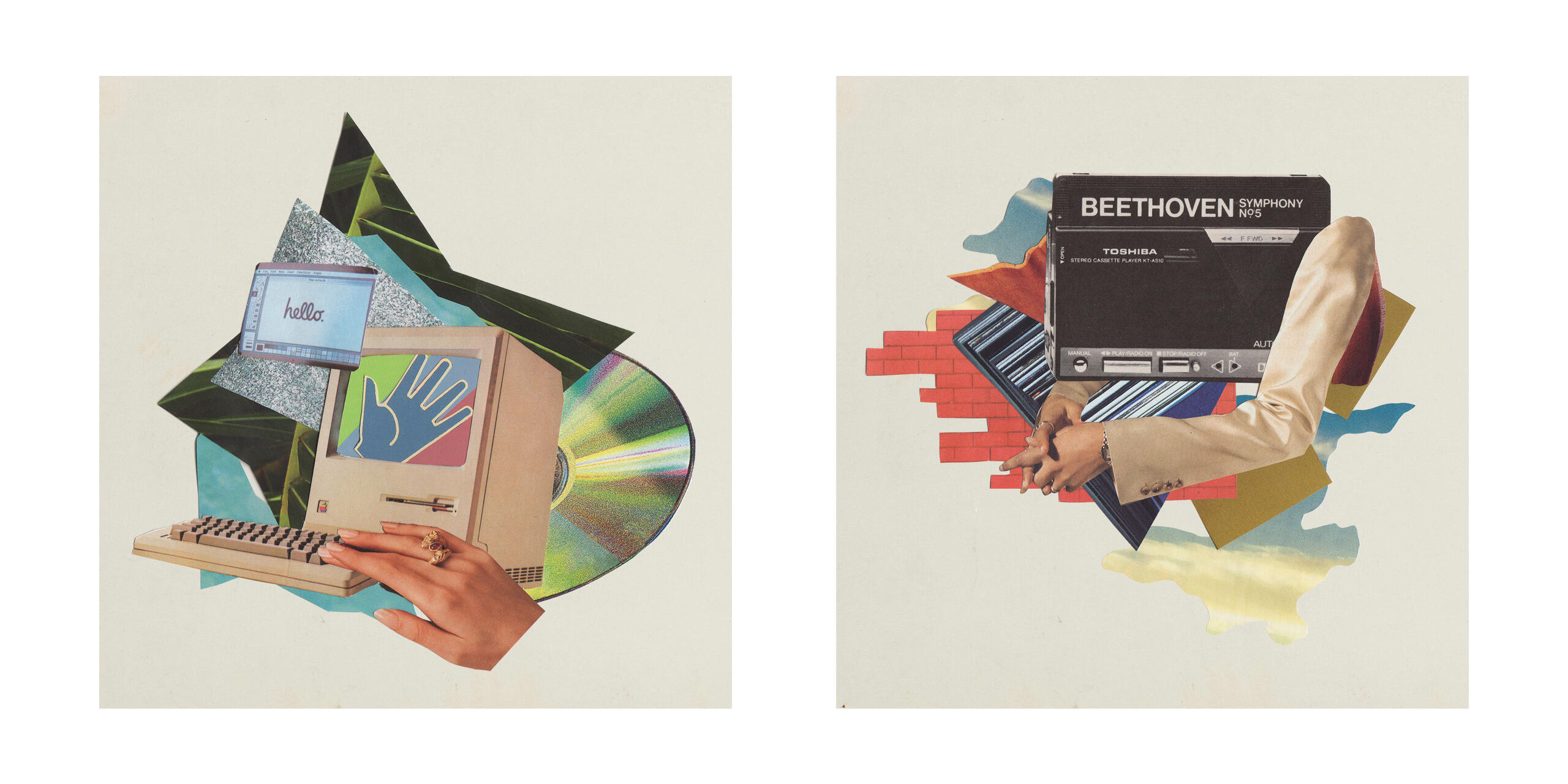 Colorful editorial paper collage illustrations featuring imagery relevant to a radio station pledge drive