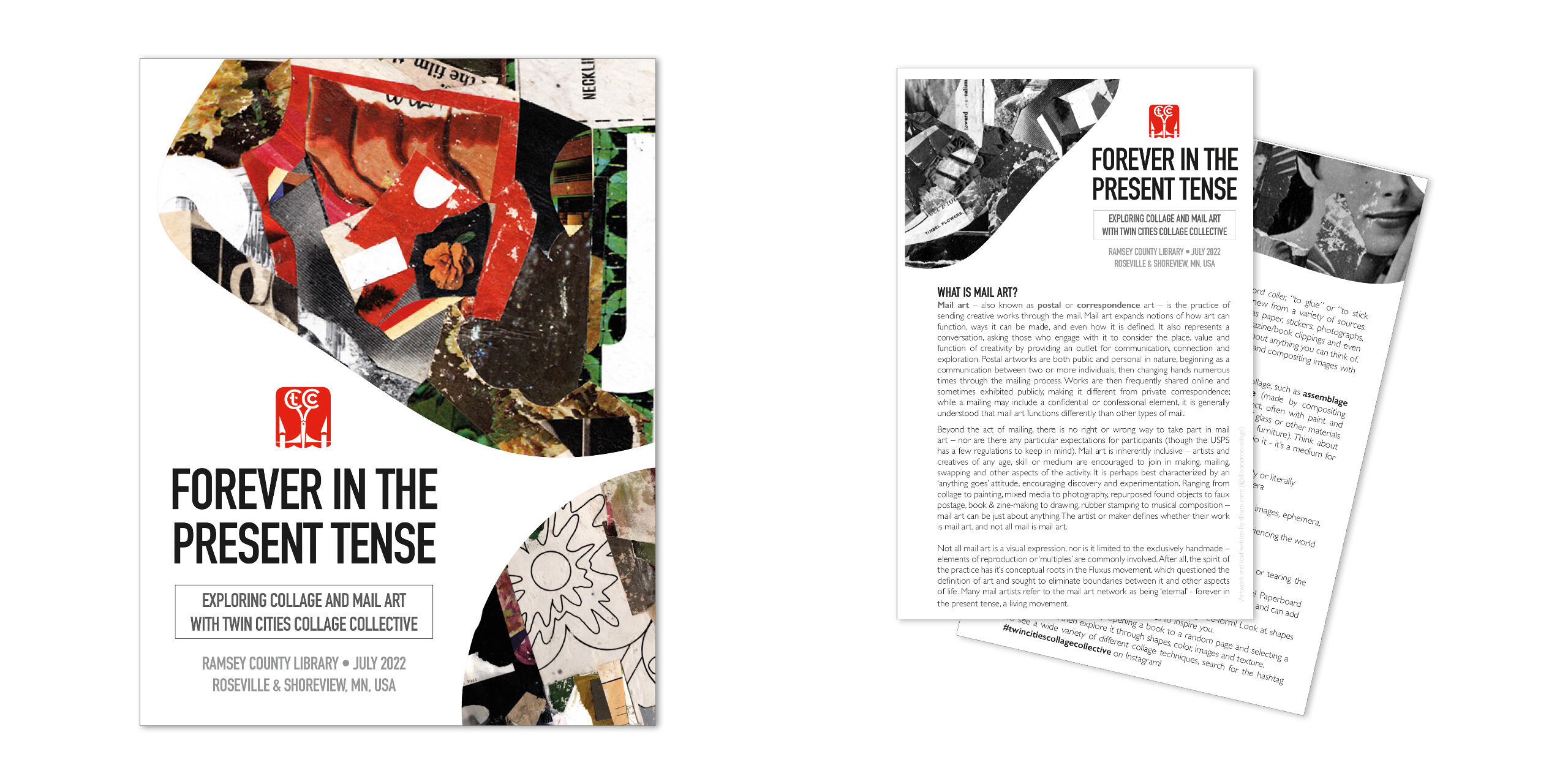 Flyer and handout for a mail art and collage show, detailing the event and sharing information about the mediums