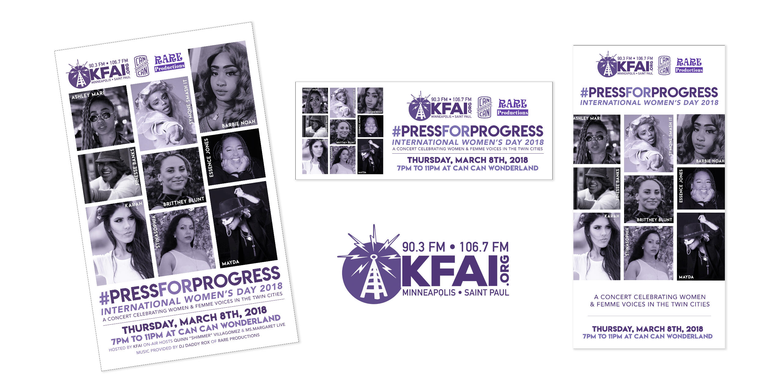 A suite of flyers and graphics predominately using purple, advertising International Women's Day events for a radio station