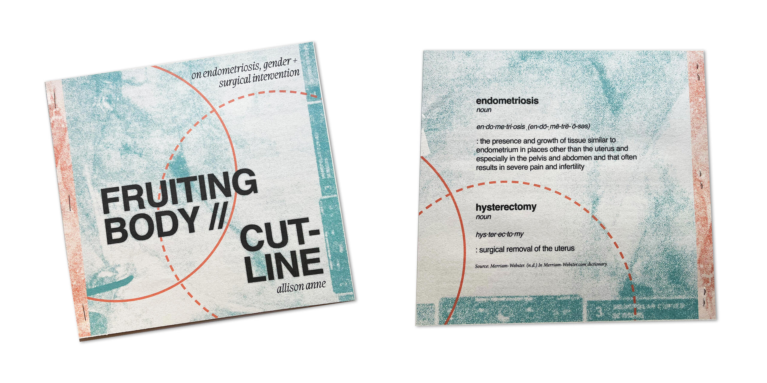 Photo spread of a square zine in black, teal and red inks