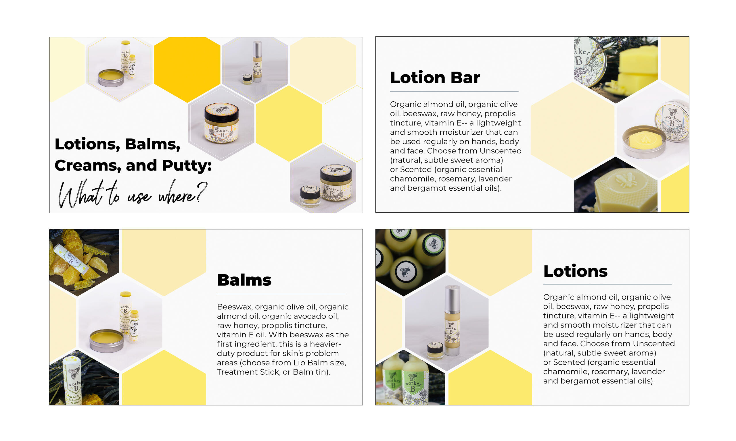 A variety of slides showing skincare products with information regarding their use and efficacy