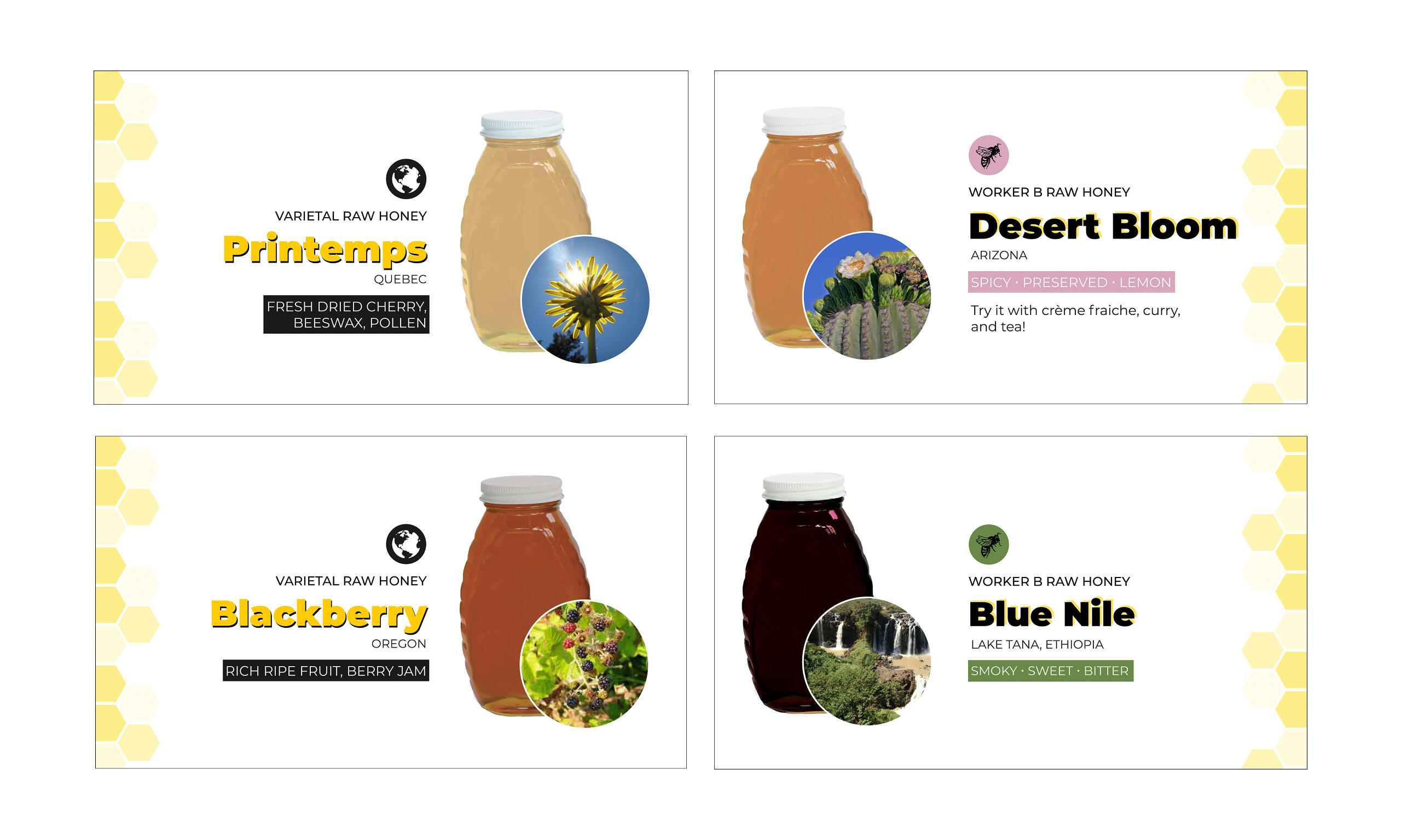 A variety of slides showing honey and corresponding information