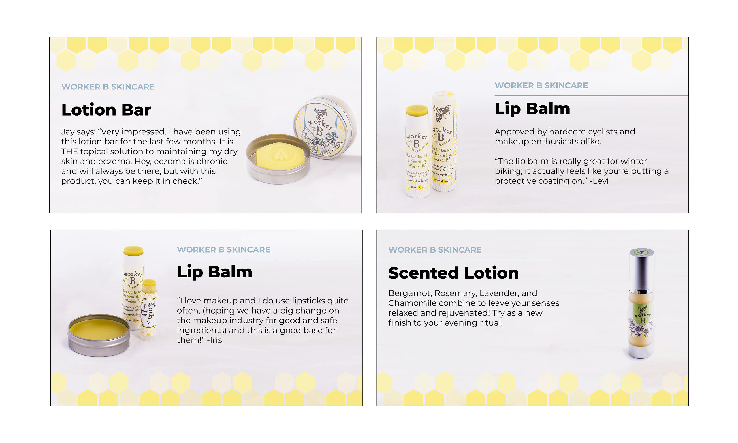 A variety of slides showing skincare products with information and reviews