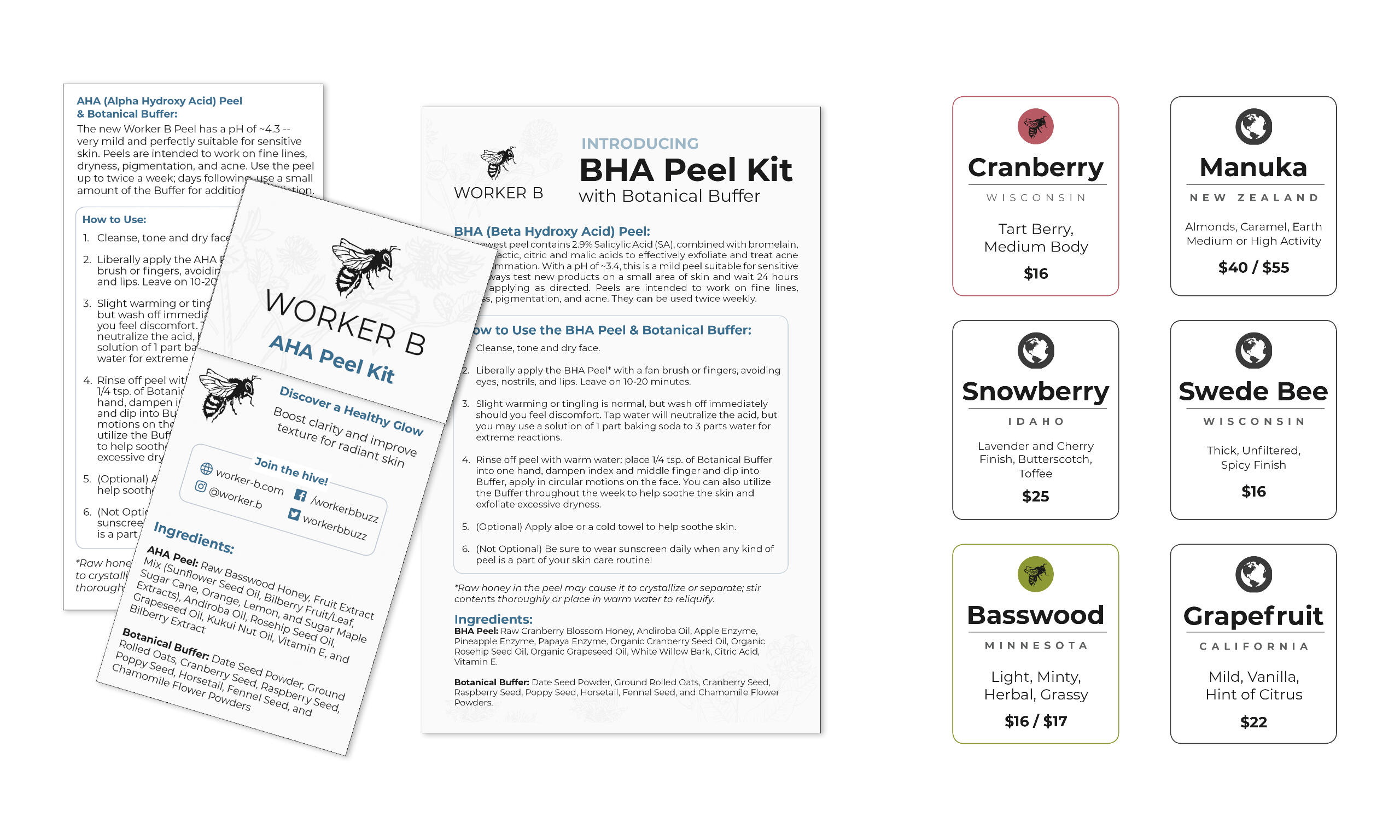 A variety of product labels and signage with information regarding their use and efficacy