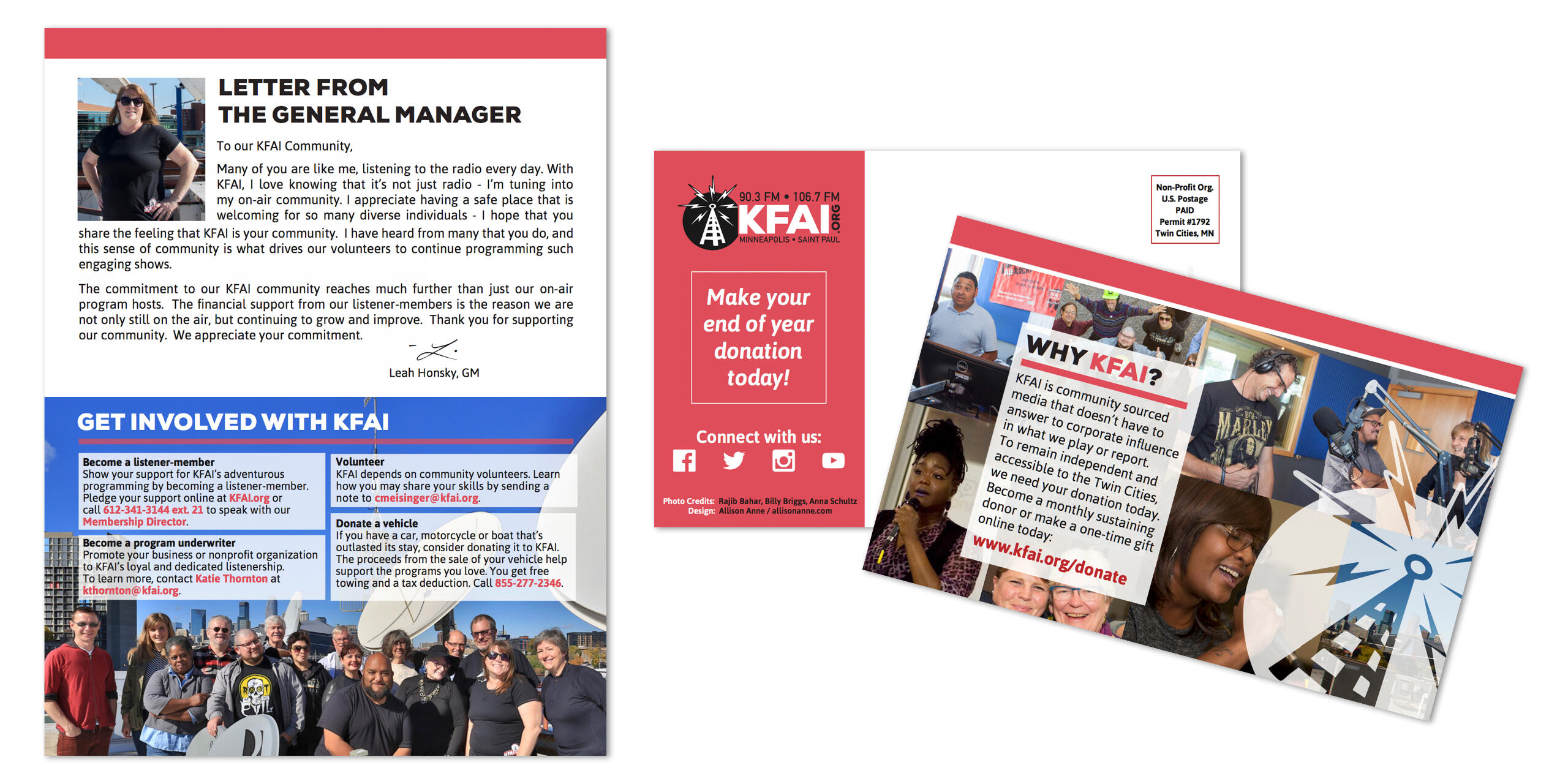 Images of a folded mailer with a call to action for underwriting at a radio station