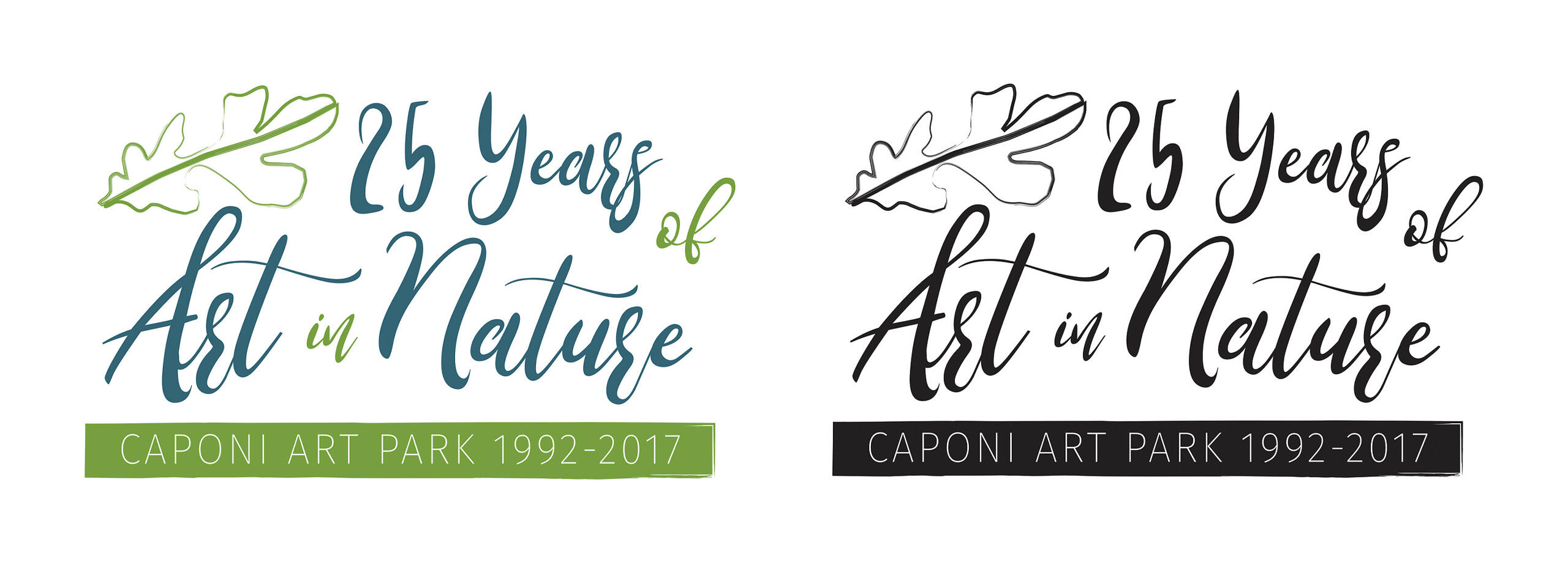 Various versions of an anniversary logo for Caponi Art Park featuring sculptural, natural forms