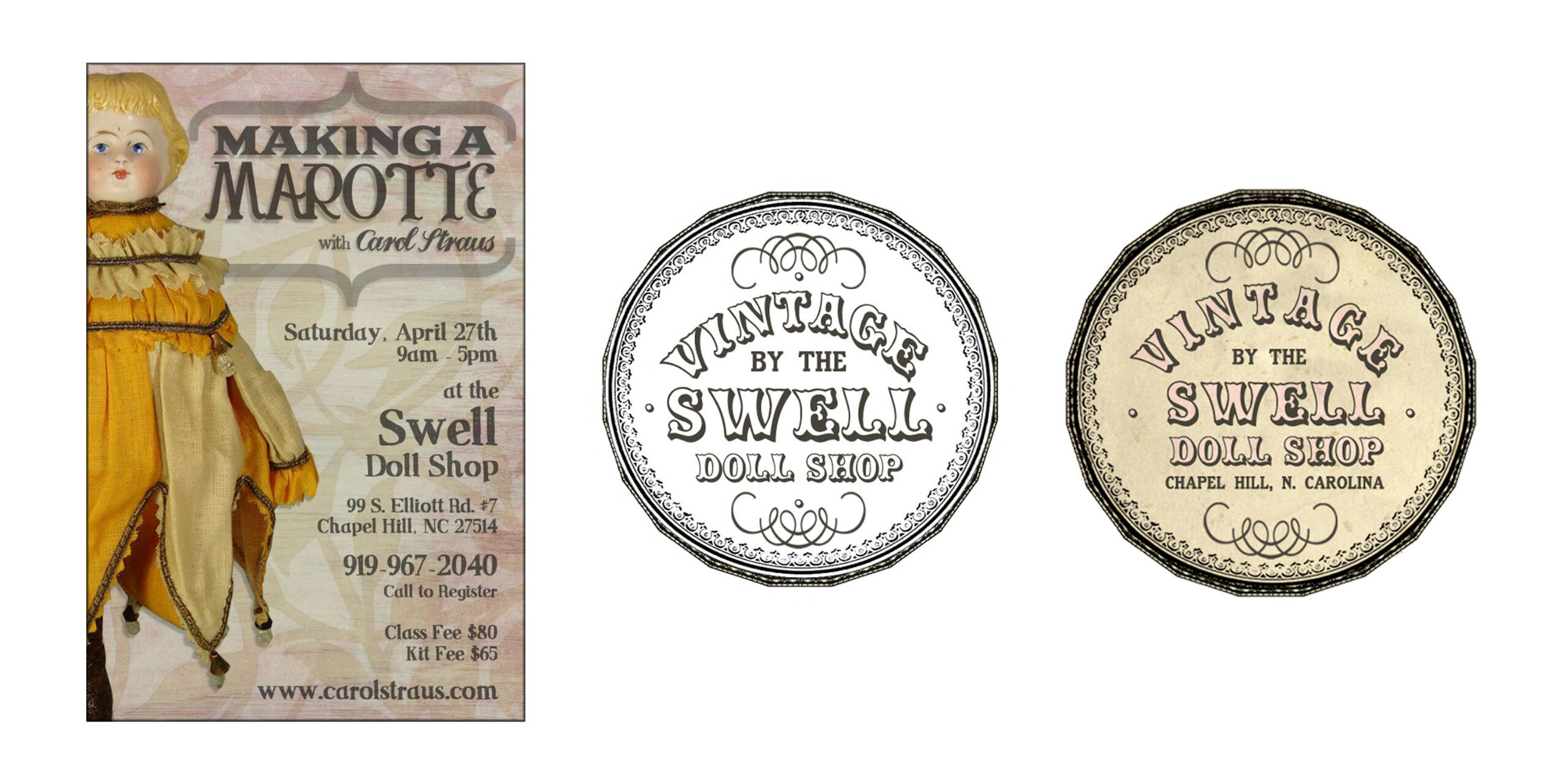 Antique doll flyer and sticker labels