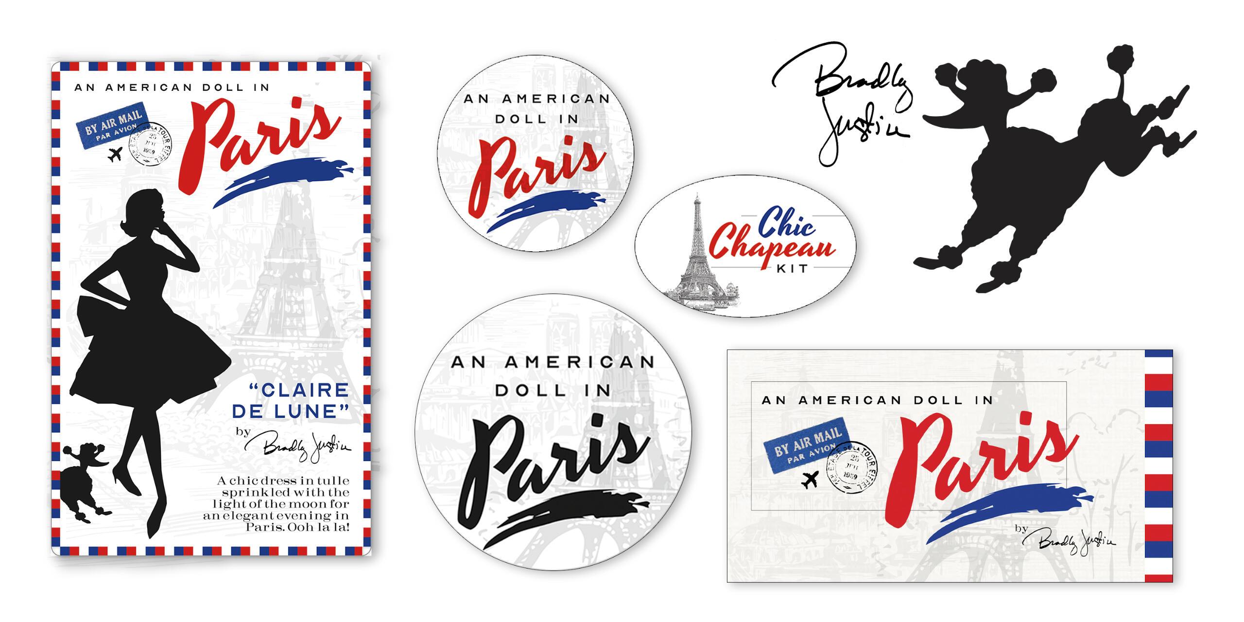 Images of Paris-themed doll packaging and graphics