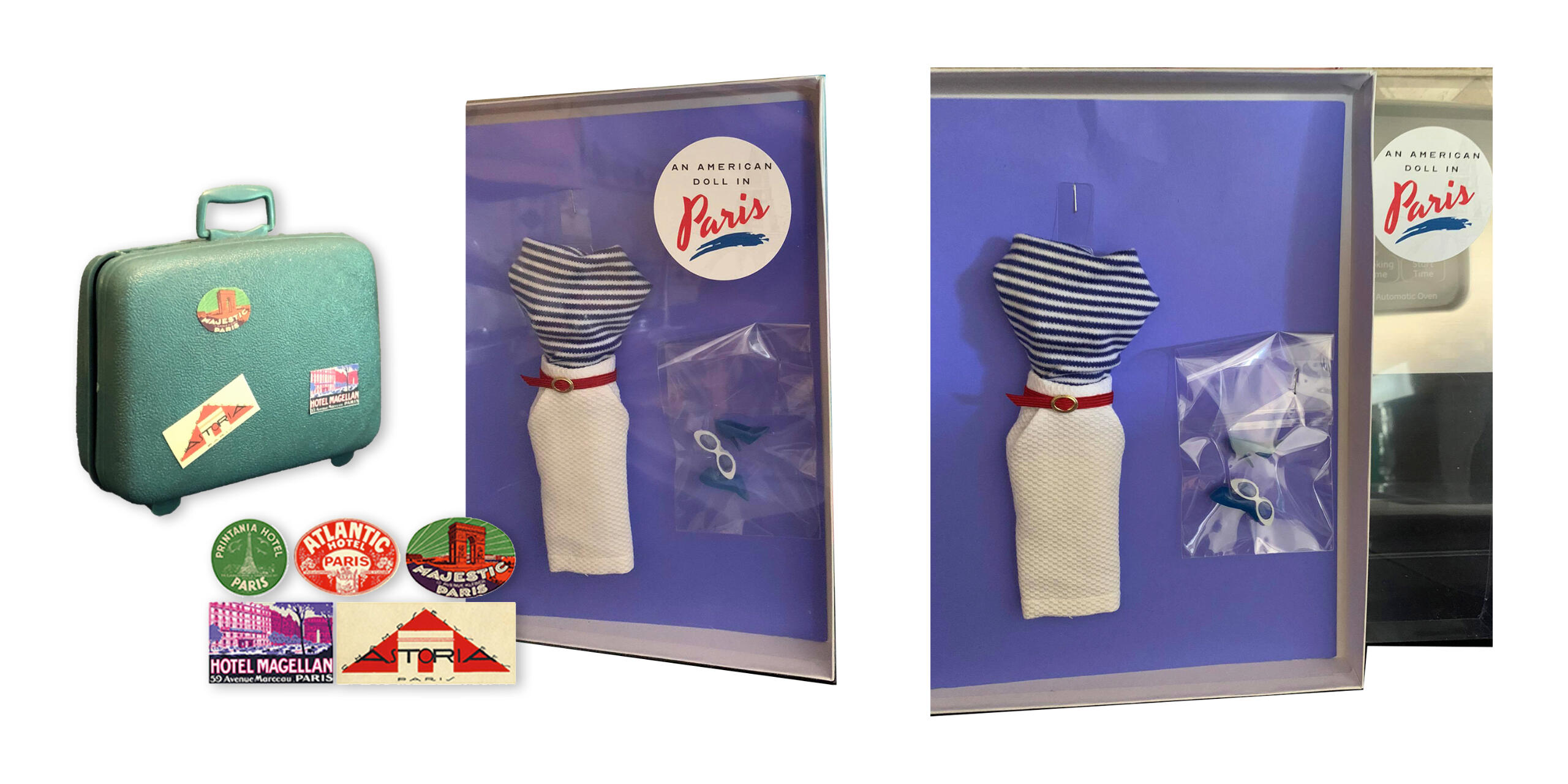 Images of printable stickers and doll fashion packaging